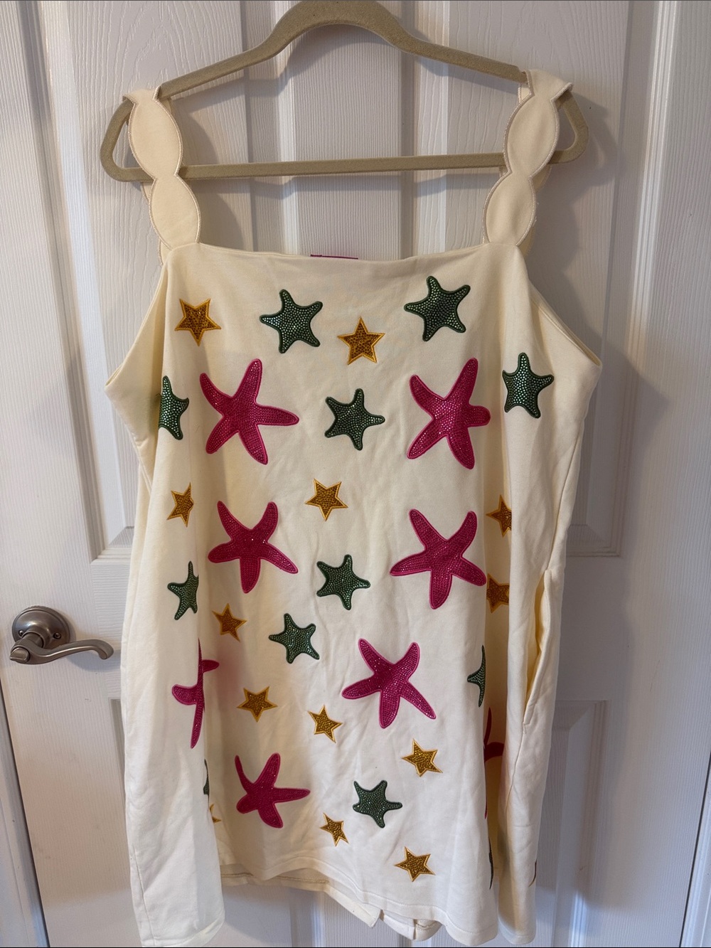 QUEEN OF SPARKLES Cream Dress with Pink, Green & Gold Starfish Appliqués - Picture 3 of 3